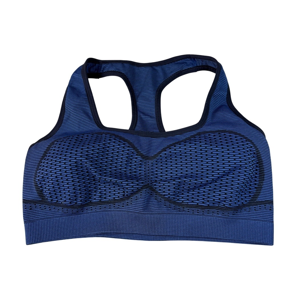 Gymshark Womens XL Sports Bra Blue Black Striped‎ Seamless Contour Athletic